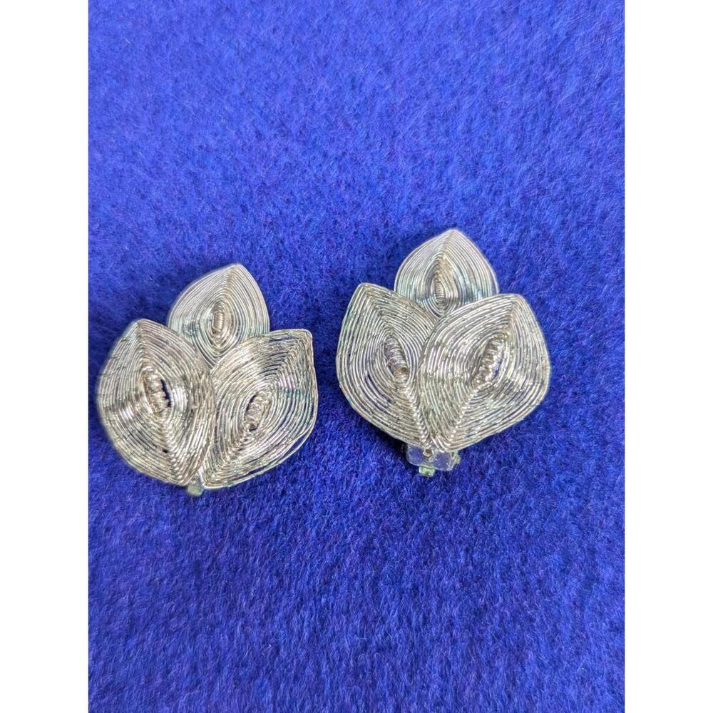 VTG Brooch & Earrings Set Silver Tone Spun Wire-Art Wrap Leaf-Branch 3” Germany - Picture 3 of 9